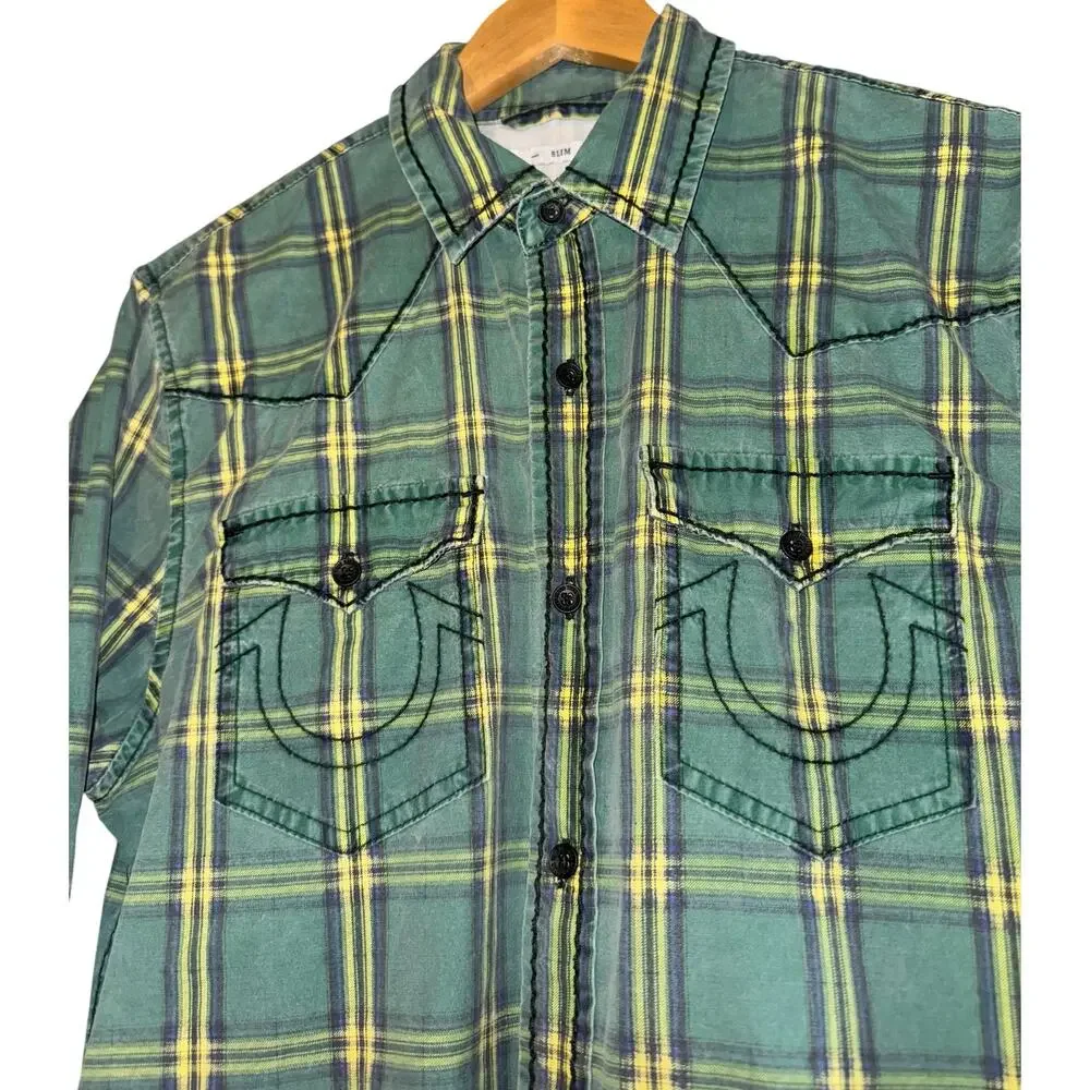 True Religion Plaid Green Button Up Shirt Medium Streetwear Distressed Western